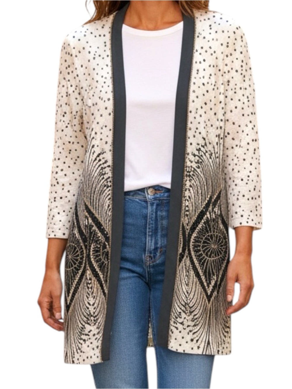 Chico's Travelers 0 Sz SMALL Black Gold Foil Peacock Suede Trim Topper Cardigan